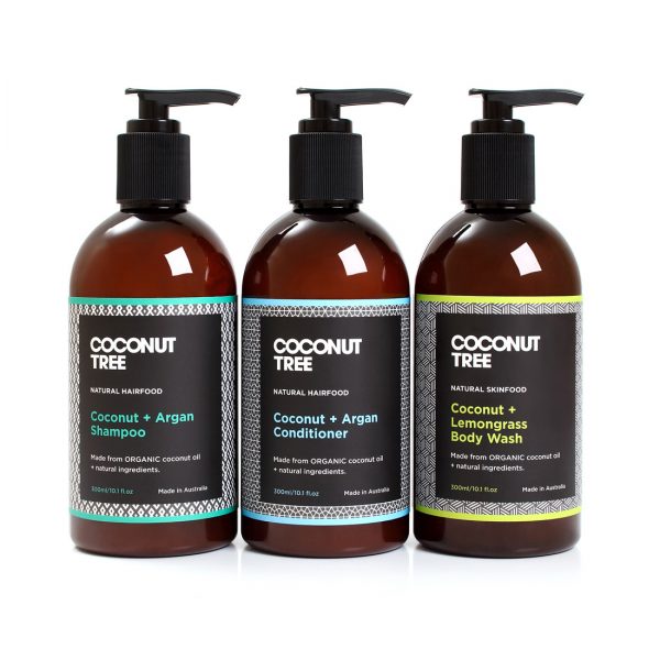 All products for bathroom, coconut oil shampoo and conditioner and body wash coconut and lemongrass, body wash.